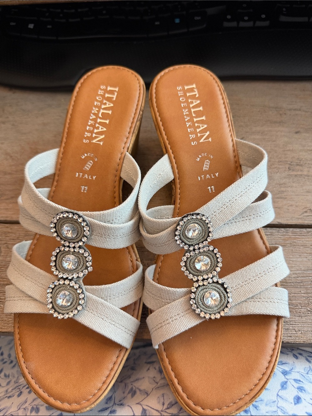 Italian Shoemakers Cream Strappy Slide Sandals with Crystal Medallions